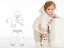 Laden Sie das Bild in den Galerie-Viewer, Girl Baby girls + boys duffle coat and pants sewing pattern pdf bundle. Hooded jacket and lined toddler pants BRIO + LUCCA by Patternforkids - Patternforkids