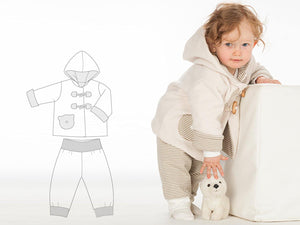 Girl Baby girls + boys duffle coat and pants sewing pattern pdf bundle. Hooded jacket and lined toddler pants BRIO + LUCCA by Patternforkids - Patternforkids