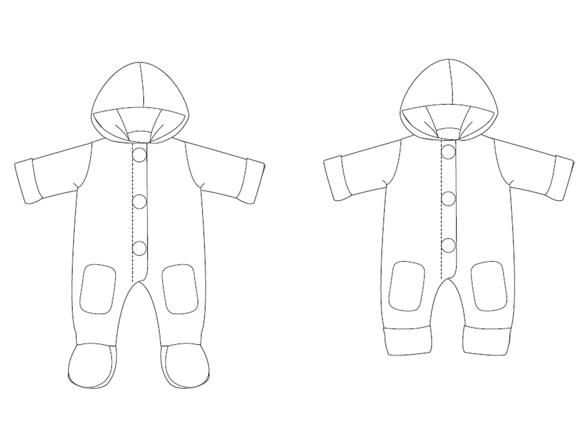 Lined baby overall pattern with hood, romper jumpsuit with feet and ar ...