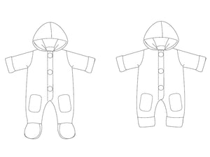 Lined baby overall pattern with hood, romper jumpsuit with feet and arm wrap. Hooded romper onesie sewing pattern DORIAN by Patternforkids - Patternforkids