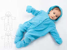Load image into Gallery viewer, Lined baby overall pattern with hood, romper jumpsuit with feet and arm wrap. Hooded romper onesie sewing pattern DORIAN by Patternforkids - Patternforkids