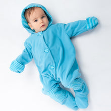 Laden Sie das Bild in den Galerie-Viewer, Lined baby overall pattern with hood, romper jumpsuit with feet and arm wrap. Hooded romper onesie sewing pattern DORIAN by Patternforkids - Patternforkids