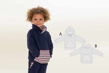 Load image into Gallery viewer, Papier Schnittmuster Sweatshirt Hoodie für Mädchen + Junge mit Känguru-Tasche und Kapuze FLY von Patternforkids