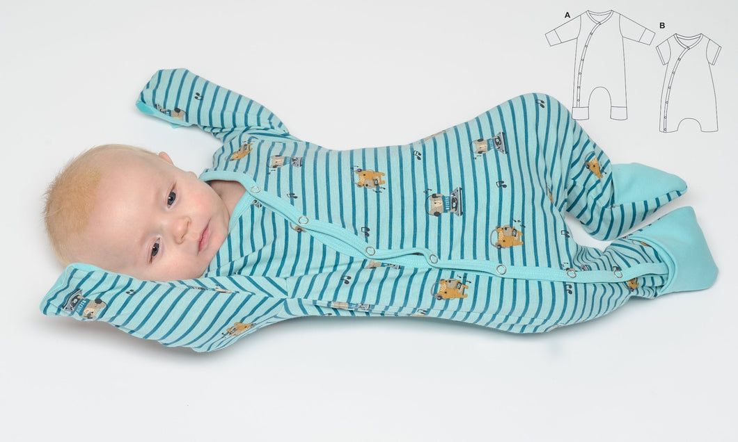 Baby Strampler mit durchgehender Knopfleiste und Ärmel-Beinumschlag, Schnittmuster ebook DAVID von Patternforkids