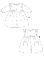 Laden Sie das Bild in den Galerie-Viewer, Mädchen Kleid Schnittmuster MIMI mit kurzen oder langen Ärmeln, Rüschen, geknöpfter Frontöffnung Gr. 68-122  pdf von Patternforkids