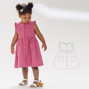 Mädchen Kleid Schnittmuster MIMI mit kurzen oder langen Ärmeln, Rüschen, geknöpfter Frontöffnung Gr. 68-122  pdf von Patternforkids